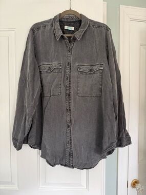 Pilcro by Anthropologie Washed Gray Herringbone Button-Front Shirt